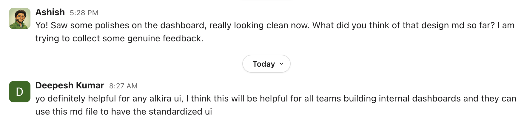 Slack feedback from Deepesh Kumar, Sales Engineering