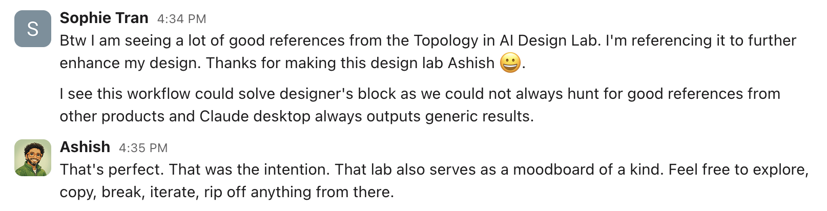 Slack feedback from Sophie Tran, Senior Designer